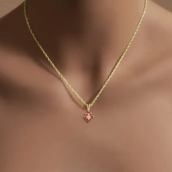 Ruby Cluster Vintage Style Necklace 10k Yellow Gold